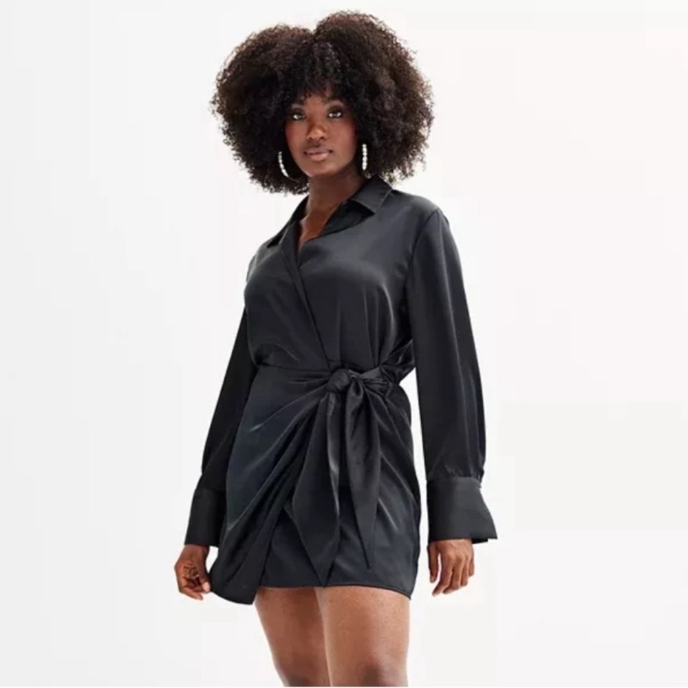 Intempo black t shirt faux wrap black mini dress tie detail
